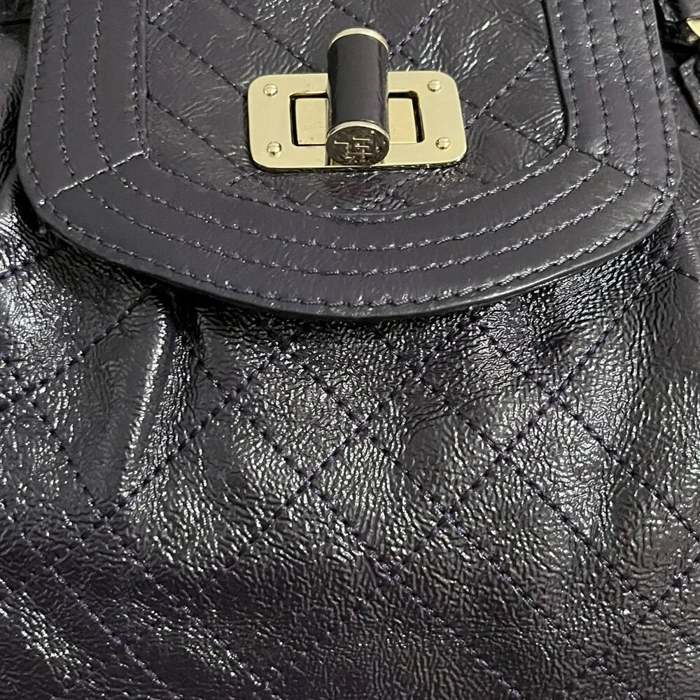 Elliott Lucca Glossy Eggplant Purple Leather‎ Textured Quilted Satchel Purse